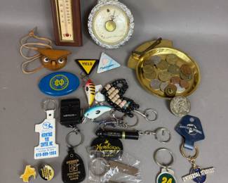 KEY CHAINS FOREIGN COINS PINS TRINKET TRAY COLLECTIBLES
