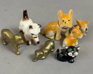 VINTAGE MINIATURES BRASS CERAMIC JAPAN CATS DOGS