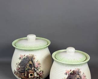 CERAMIC CANISTERS W BIRDHOUSE DESIGN & SPECKLED GLAZE