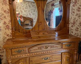 VINTAGE BEDROOM DRESSER WITH MIRROR ALSO BED, NIGHT STANDS & ARMOIRE CABINET