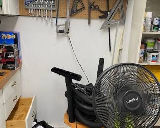 large and small shop vac, standing fan, tools
