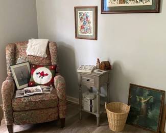 nice side chair, needlepoint and cross stitch pictures, side table