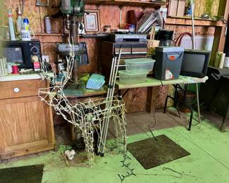 microwave, stereo, tv, table