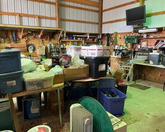 Christmas decor, heater, tables, tools