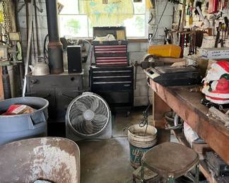 wheel barrow, stool, fan, tools