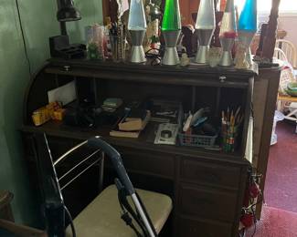 lava lamps, desk, stool