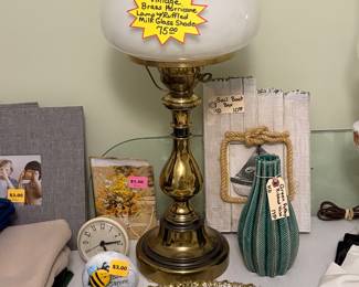 Vintage Hurricane Milk Glass and Brass Lamp, Assortment of Vanity Accessories and a Ribbed Pottery Vase