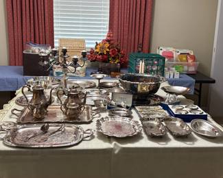 Collection of Silver Plate  (Tea Service, Candelabra, Serving Dishes, and Trays)  