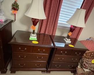 Two Oversized Night Stands Cherry Finish and Two Cranberry Lamps with Italian Marble Bases From the Late 1940’s 