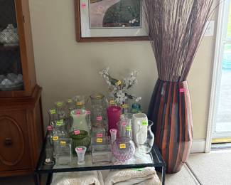 Artwork, Ceramic Urn w/Floral Feature and Huge Assortment of Vases Displayed of a Square Glass Coffee Table
