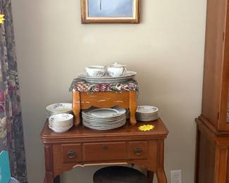 Acrylic Painting, Sewing Machine, Hinged Foot Stool w/Storage and A Rustic Piano Stool