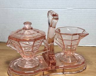 Pink Indiana Glass Tea Room Sugar Creamer & Stand