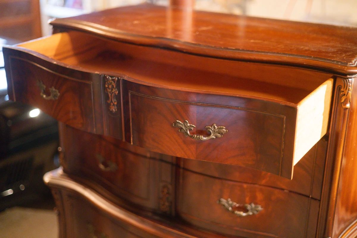 5 Drawer Wooden Armoire. 1930s. High boy dresser. French provencial style. Mahogany wood. $1,150.