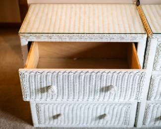 3 Draw White Wicker Dresser w/ Glass Tops. $200. 