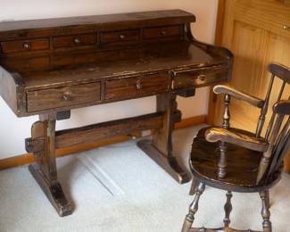 Antique Wooden Desk + Wooden Chair. $250. 