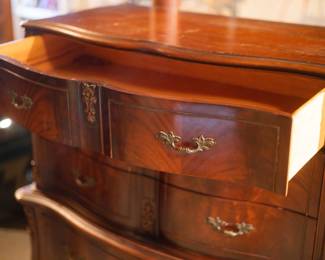 5 Drawer Wooden Armoire. 1930s. High boy dresser. French provencial style. Mahogany wood. $1,150.