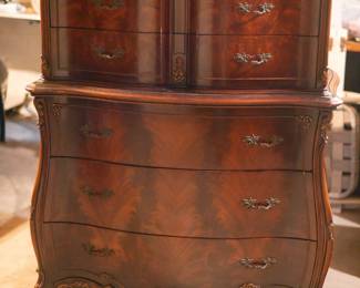 5 Drawer Wooden Armoire. 1930s. High boy dresser. French provencial style. Mahogany wood. $1,150.