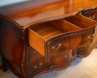 6 Drawer Wooden Cabinet Chest. 1930s. Serpentine dresser. French provencial style. Mahogany wood. $650. 