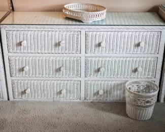 6 Drawer White Whicker Dresser. $200. 