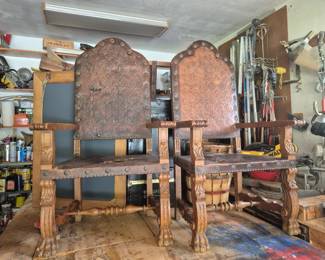 EMBOSSED LEATHER CASTLE CHAIRS TOTAL 6 (2ARM 4 SIDE)