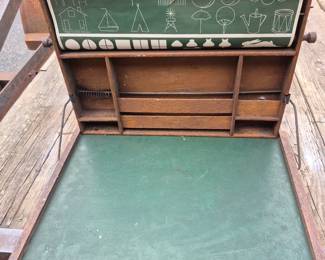 vintage schoolhouse scroll-down chalkboard with drawing templates,
