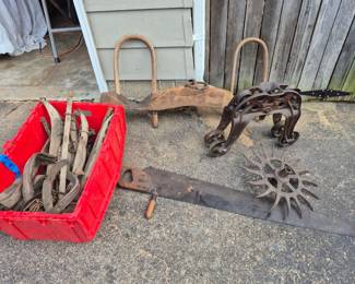 MANY TACK ACCESSORIES, HAY TROLLEY, ANTIQUE YOKE, OLD SAW