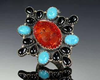 Monumental Sterling Silver Amber Turquoise onyx Studio RING< Adjustable Sz 8-12
