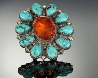 Monumental STERLING Silver turquoise Amber RING Adjustable STUDIO Artist