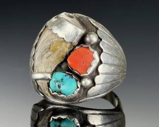 Vintage Navajo Sterling Silver Bear Claw Ring, Turquoise & CORAL< SIZE !@>%