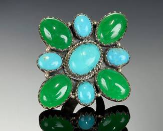 Monumental Sterling Silver Turquoise Jade Cluster Ring, Studio Made