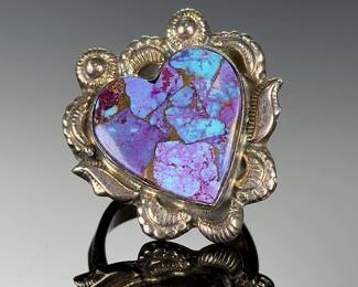 Sterling Silver Heart Ring, Adjustable Turquoise Studio Artisan Piece