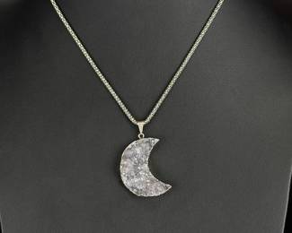 Sterling Silver Druzy Quartz Crescent Moon Pendant Necklace 17in Studio