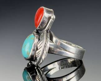 VINTAGE Sterling Silver Turquoise Coral Ring Size 7.5 PLATA 925