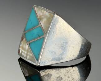 vintage Sterling Silver Turquoise Mother of Pearl Inlay Ring