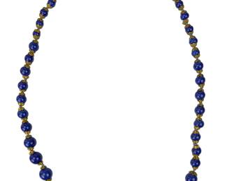 Vintage Graduated Cobalt Blue Art Glass Bead Necklace, Gold Tone Caps