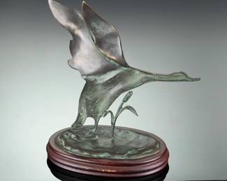 Vintage Bronze Flying Duck Sculpture, Patinated Waterfowl Bird on Wood Base