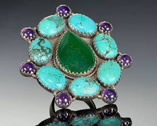 Monumental STERLING SILVER TURQUOISE Amethyst Jade Studio Artist Statement Ring