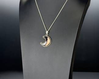 Sterling SILVER Studio Artist Crescent Moon Pendant Necklace Petrified Wood