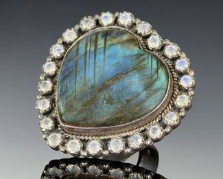Monumental Sterling Silver Studio Artist Heart. Ring,Labradorite, Adjustable