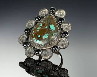 Monumental Sterling Silver ADJUSTABLE Ring w/ Turquoise & Onyx, STUDIO MADE