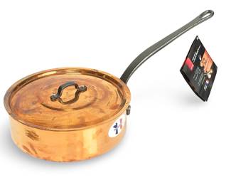 bAUMALU French Copper Saut. Panwith Lid, Stainless Lined, 9.14" Diameter, Unused