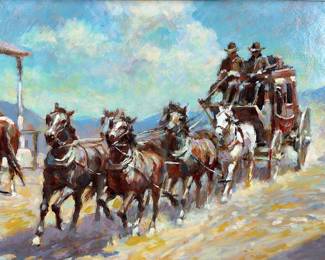 Ron crooks Original Western OIL Painting "Fast ENTRY" Stagecoach Art Board