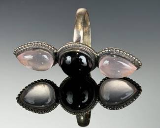 Sterling Silver Artisan Adjustable Ring | Rose Quartz Black Onyx Gemstone