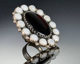 Monumental Sterling Silver Artist Made Ring w/ Black Onyx & Moonstone, Adjustable