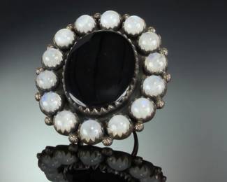 Monumental Sterling Silver Artist Made Ring w/ Black Onyx & MOONSTONE< ADJUSTABLE