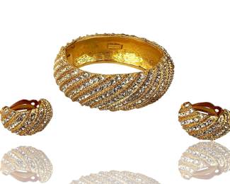 MARESCO Gold Tone Rhinestone Cuff Bracelet & Clip Earrings Set, 103.6g