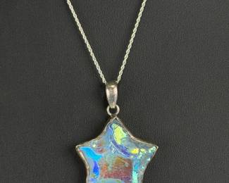 Sterling SILVER Star Pendant Necklace, Artisan Made, Iridescent Art Glass, Italy 925