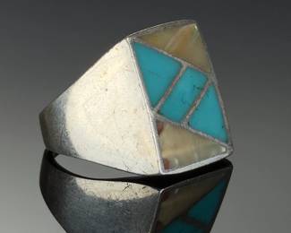 Vintage Sterling SILVER Turquoise Mother of Pearl Inlay Ring