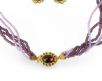 Miriam Haskell Vintage Multistrand Purple Glass BEAD Necklace & Earrings SET