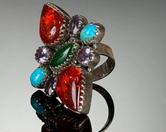 Sterling Silver Studio Artist Made Monumental Ring Multi-Stone Adjustable Size 8-12